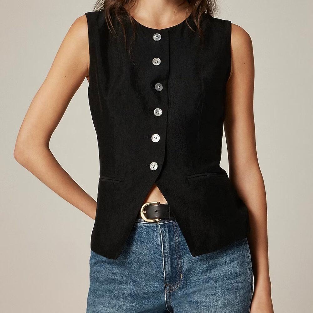 J Crew Essential Cutaway Vest Top Women's 4 Black Textured Satin